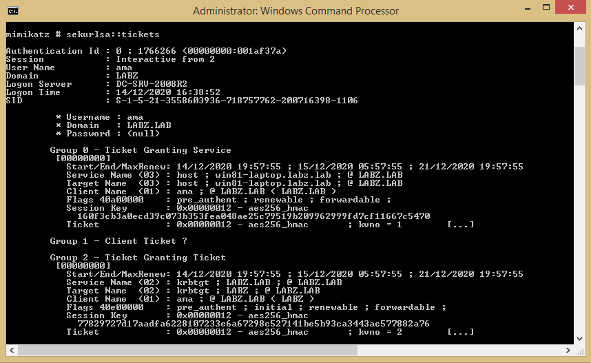 Mimikatz showing a dump of Kerberos ticket information