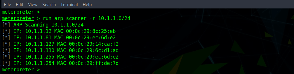 meterpreter shell ARP scan