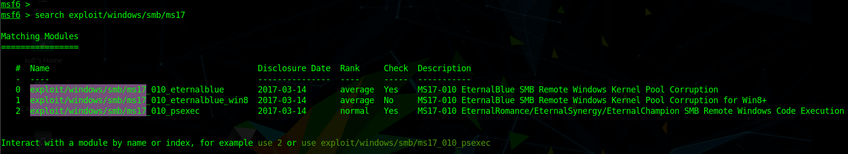 Metasploit SMB vulnerability search